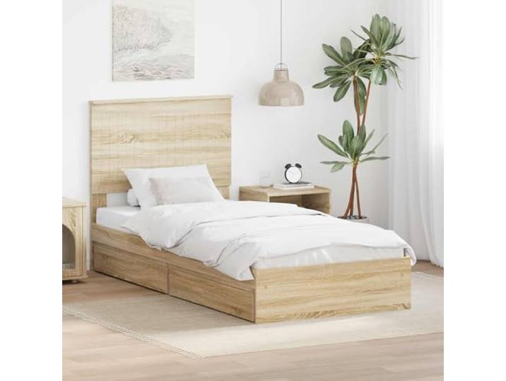 RJPLMFV Aufbewahrungsbett Sonoma-Eiche, 90 x 190 cm, Holz Mit integrierten Schubladen, Kopfteil inklusive, modernes Design, einfache Montage