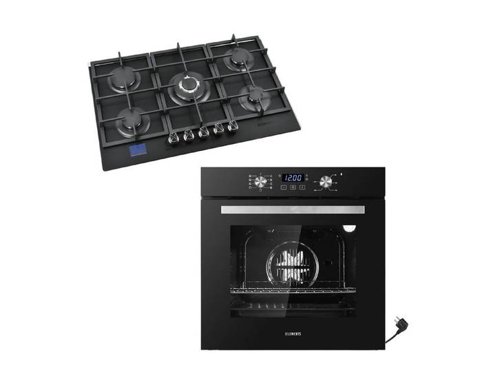 KB Elements Backofen-Set Einbaubackofen 60 cm mit Gaskochfeld 5 Flammig, Air Fry, Steam Clean, Gaskochfeld mit Gas-Stop-Timer