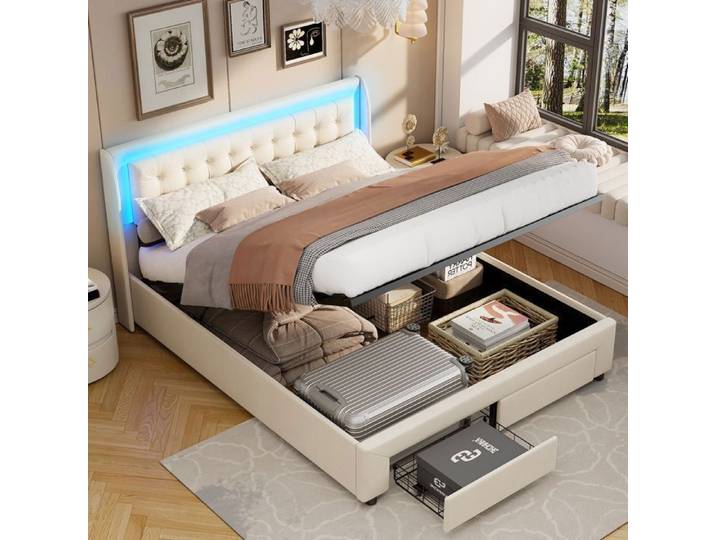 Lit coffre 140x190 cm avec LED et 2 tiroirs ADWOLT lit 140x190 cm avec sommier à lattes lit double 140x190 cm velours beige