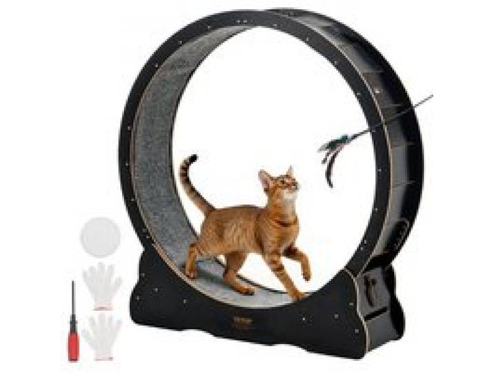 VEVOR Katzenlaufrad, 1080 mm Innendurchmesser, Laufrad aus Holz für 8,6-12,7 kg Katzen, Katzenlaufband mit Teppichlauffläche & Verriegelungsmechanismus, leises Spielzeug für Wohnungkatzen, Schwarz