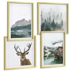 BILDER SET 4er Set - 50x50 cm & 40x60 cm Goldrahmen - Berge, See, Hirsche, Hütte, Nebel