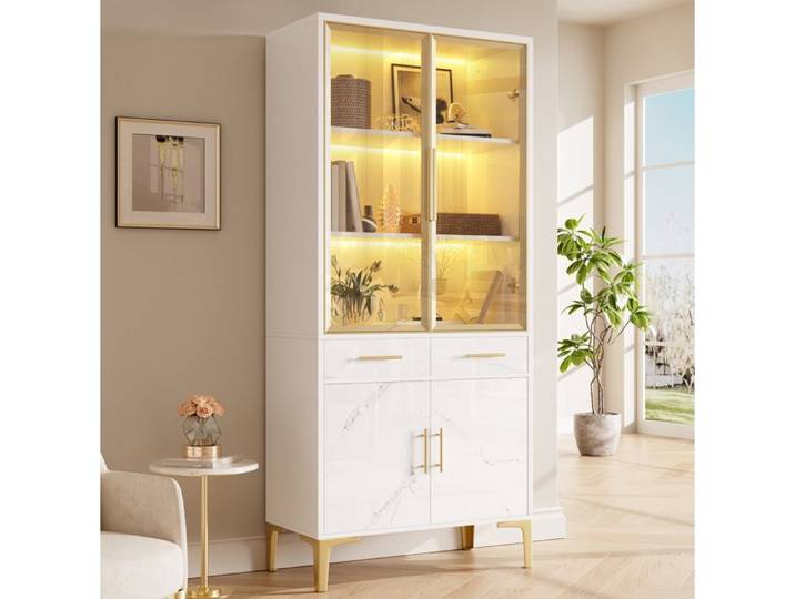 Vitrine buffet haut avec LED réglable par APP 75x38x170 cm 2 tiroirs 4 portes vitrées blanc brillant ORVRYN