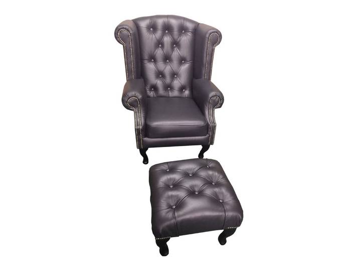 Xlmoebel Ohrensessel Luxus Chesterfield Sessel mit Hocker aus schwarzem Leder (2-St., Chesterfield Ohrensessel mit Hocker), Made in Europa