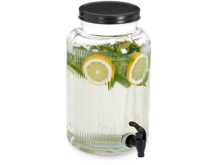 Getränkespender ZELLER PRESENT Glas mit Zapfhahn, Glas/Metall , transparent (transparent, schwarz), H:25cm Ø:16cm, Zapfanlagen, Getränkespender, vielfältig einsetzbar, 3900 ml, Riffeloptik