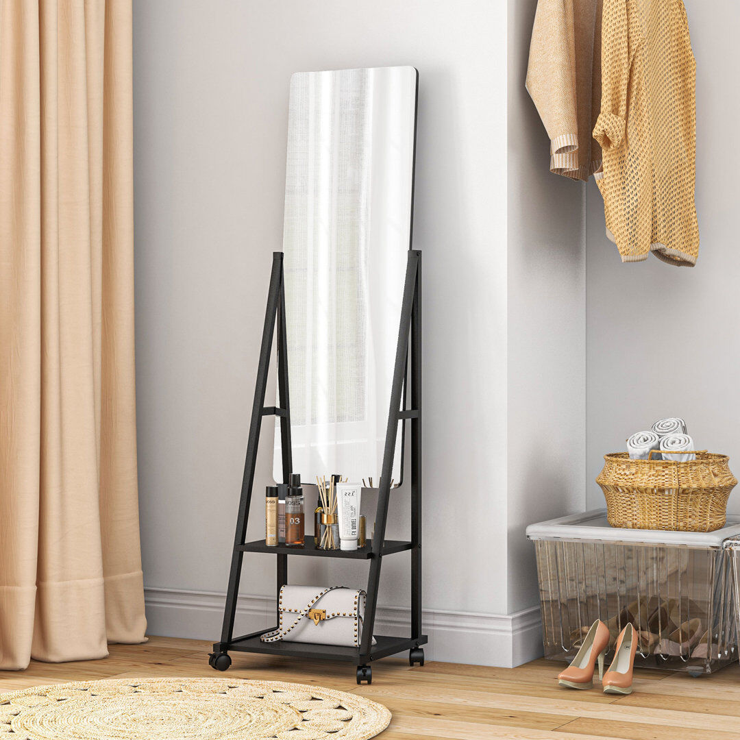 Latitude Run Ackermanville Movable Full Length Mirror Adjustable Full Body Mirror with 2 Shelves Matte Black 155cm H X 42cm W X 37cm D