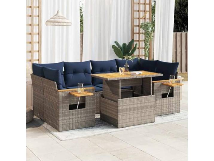 KTHLBRH Gartenmöbel-Set 7-teilig mit grauen Kissen aus Polyrattan Outdoor Lounge, 7-Sitzer, Tisch mit verstellbarer Tischplatte, Sitze mit wasserdichter Aufbewahrung, Kissen abnehmbar