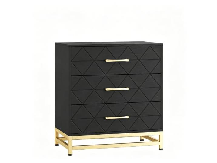 GarveeHome Kommode 3 Schubladen MDF Metallgriffe Stauraum Schwarz Breite Fächer, Goldakzente, Geräumiger Innenraum, Pflegeleicht, Bettbereich