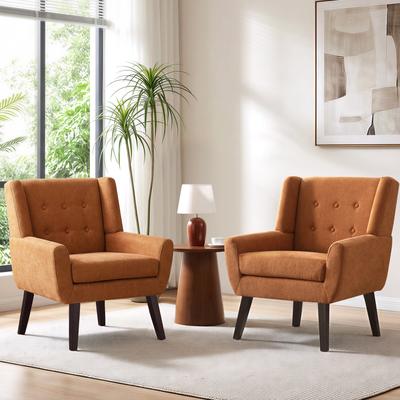 HUIMO Living Room Chairs Set of 2,Upholstered Button Linen Accent Chair, Mid Century Fabric Modern Armchair, Club Sofa Chairs