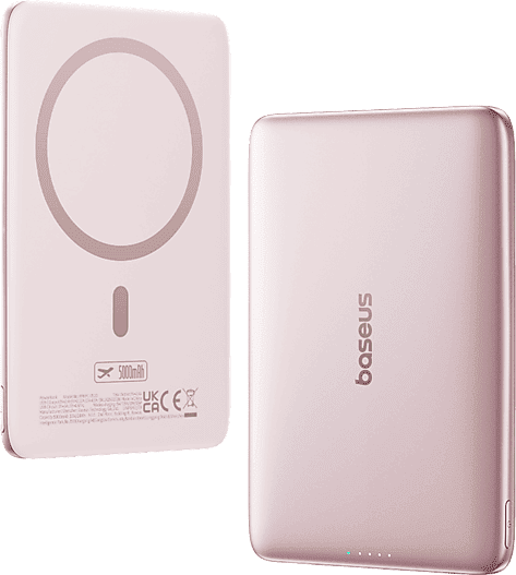 Powerbank - Baseus PicoGo AM41 Ultra-fina, 5000 mAh, 20W, Carga magnética, Con cable Tipo C 60W, Pass-Through, rápida, Rosa Nebula