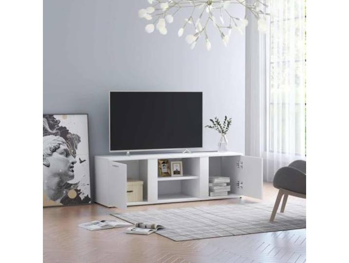 HEFZGDB TV-Schrank Weiß 120x34x37 cm Holzwerkstoff mit 2 Türen und 2 offenen Fächern für Multimedia-Geräte und Aufbewahrung, robuster TV-Möbel für Wohnzimmer, Zeitloses Design