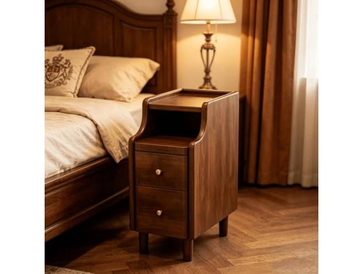 kumamart Schmaler Nachtschrank Massivholz, Nachttisch für Schlafzimmer Massivholz Nachttisch mit 2 Schubladen auf Metallschienen und offenem Regalfach.(Walnut,9.84in)