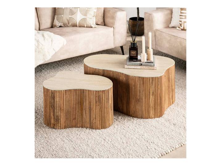 alesvelt Couchtisch TULLIO SASSO Organische Satztische mit Travertin-Keramik (2er-Set), 90x51x41cm Mangoholz Travertin Design