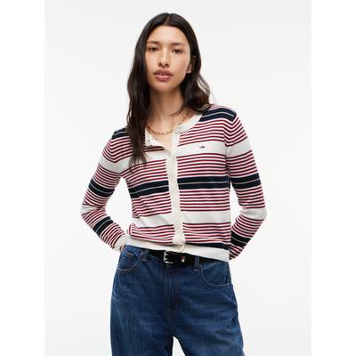 Strickjacke TOMMY JEANS "TJW ESSENTIAL CREW NECK CARDIGAN", Damen, Gr. XS (34), bunt (lavish rot, stripe), Strick, Obermaterial: 100% Baumwolle, gestreift, regular fit normal, Rundhals, Rippstrickbündchen, Strickjacken Strickjacke, Baumwolle