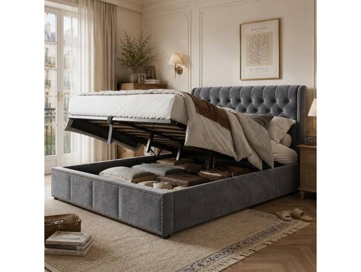 Lit 180x200 avec Sommier et Tete Lit Coffre 180x200 avec Rangement Lit Double Hydraulique avec à Lattes Cadre de Velours Gris