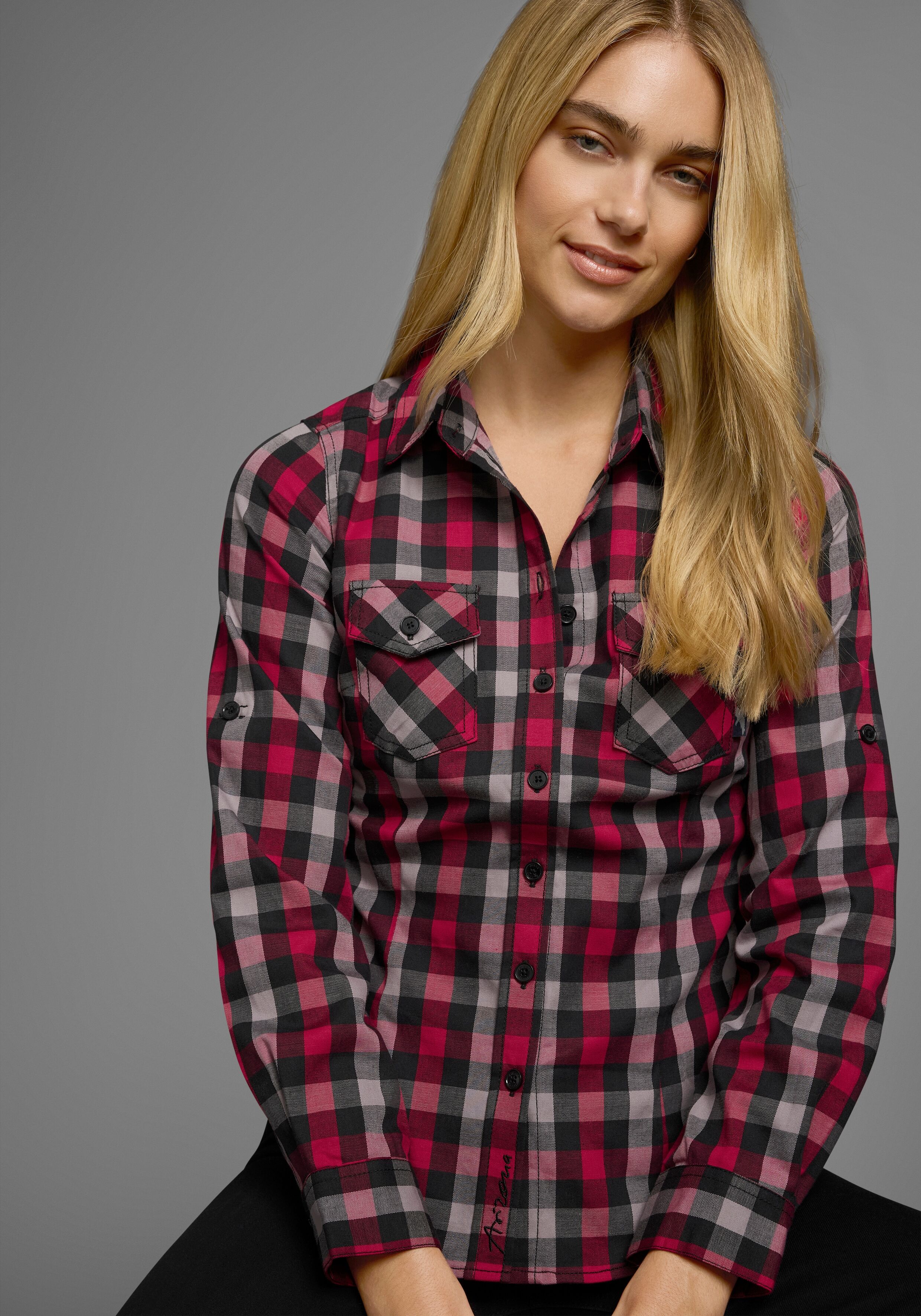Karobluse ARIZONA, Damen, Gr. 42, rot (rot schwarz), Web, Obermaterial: 97% Baumwolle, 3% Elasthan, kariert, sehr figurbetont, krempelbar, Blusen Karobluse, Lässiger-Holzfäller-Look rot schwarz 42