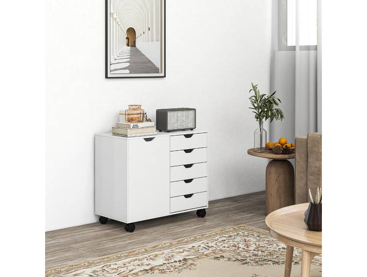 HOMCOM Meuble Rangement Bureau 5 Tiroirs Roulettes Blanc