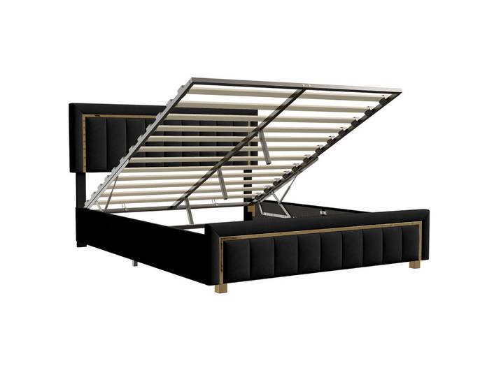 Shopentra Polsterbett 140x200cm samt schwarz streifen goldborte, Schwarz, Metall, Schlafzimmer, Betten, Polsterbetten