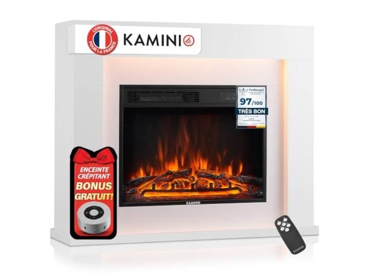 KAMINIO® Matti Modern 38 Blanche Cheminée électrique à Poser Cheminée décorative chauffante avec effet de flamme\, manteau\, feu 3D\, LED d'ambiance\, thermostat\, minuterie\, télécommande