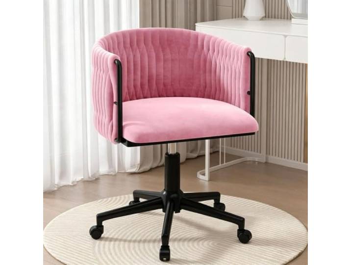 Verstellbarer Samt-Waschtischstuhl Mit Metallgestell, 360° Drehbar Ergonomischer Stuhl mit gebogener Rückenlehne, geeignet for Ankleiden, Büro und Maniküre(Black Legs,Pink)