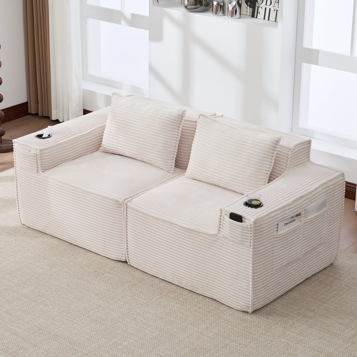 Zubaliya Modulaire 2-Zits Corduroy Bank met Bekerhouders en Zijvakken - Beige