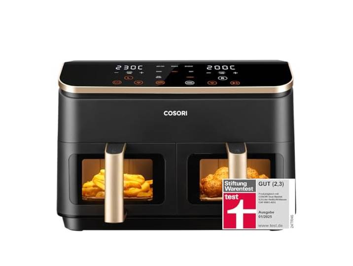 Cosori Airfryer, Testsieger Stiftung Warentest, Heißluftfritteuse 2 Kammern 1750W Low-Watt-Tech, NTC-Tech, Intelligente MCU-Steuerung, Geruchstrennung
