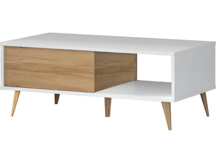 Couchtisch, Spanplatte, Crystal Weiß & Pacific Walnut, 111×60 cm, UV Lackiert, Hochglänzend, Soft-Close, Home-affaire