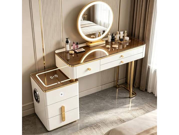 ANHFYS Schminktisch mit Spiegel, 5 Schubladen, Glasplatte, Vormontiert Intelligenter Schminktisch, Multifunktionaler Frisierkommode, Schlafzimmer, Metallgestell, Seitenschrank, Schnelle Montage