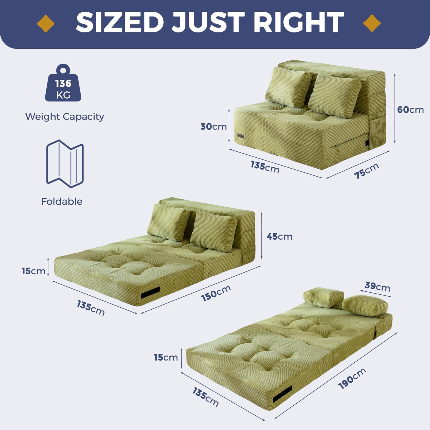 MAXYOYO Slaapbank met 4-delige comfortabele opklapbare matras van 15 cm dik en 1 kussen