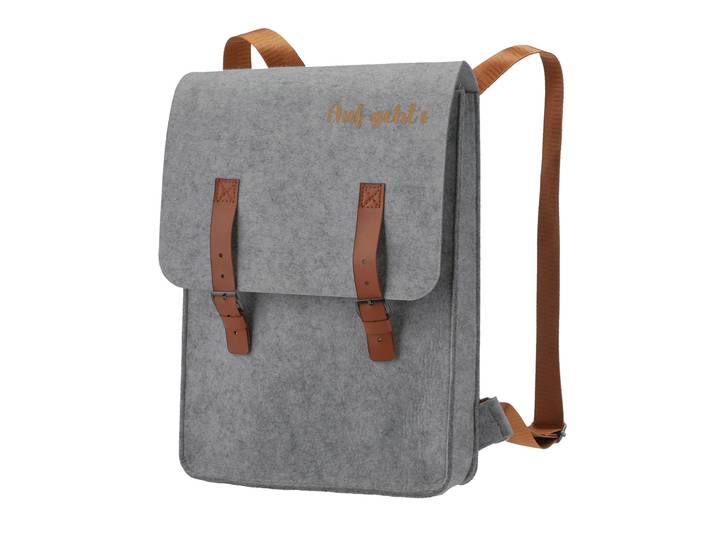 Filz Rucksack Aufschrift auf geht's, Aktentasche mit Schulterträger, grau, 27,5 x 36 cm
