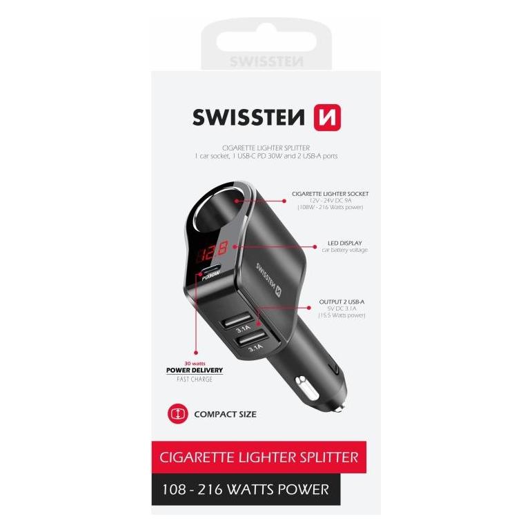 Swissten Auto Lādētājs 1x USB-C PD / 2x USB-A / CL / LED (20114020)