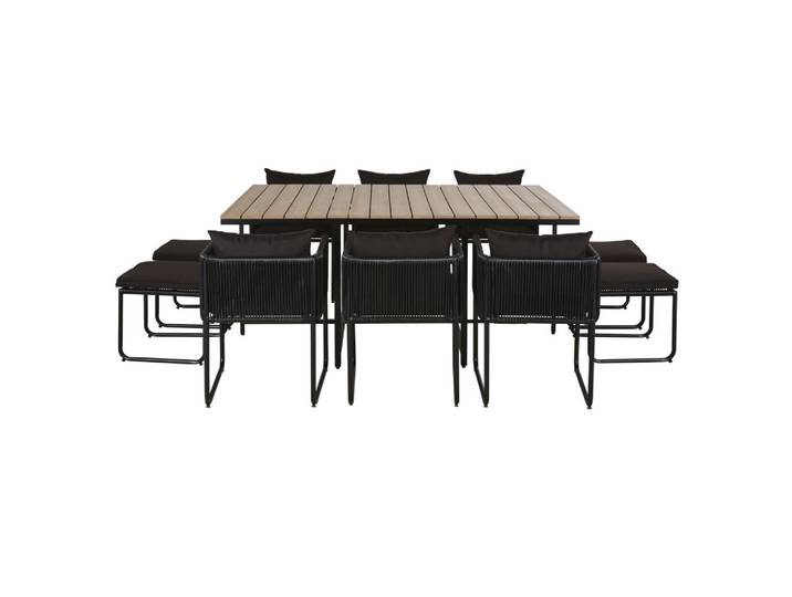 Set aus Gartentisch aus Verbundwerkstoff in Teak-Optik für 6/10 Personen, L170cm, 6 Sesseln und 4 Hockern aus schwarzem Kunstharz