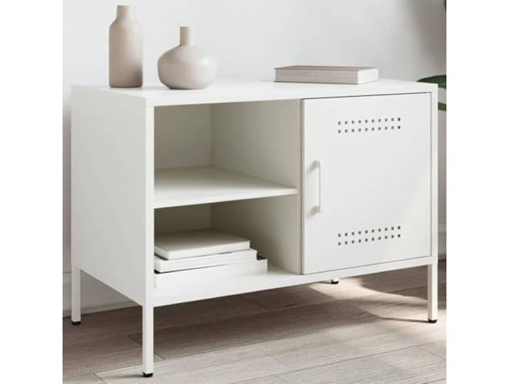 HEFZGDB TV-Schrank Weiß 68x39x50,5 cm Stahl Industrie-Stil mit Fach und 2 offenen Ablagen, Stauraum für Multimedia-Geräte, Robustes stabiles Gestell, einfache Reinigung, inklusive