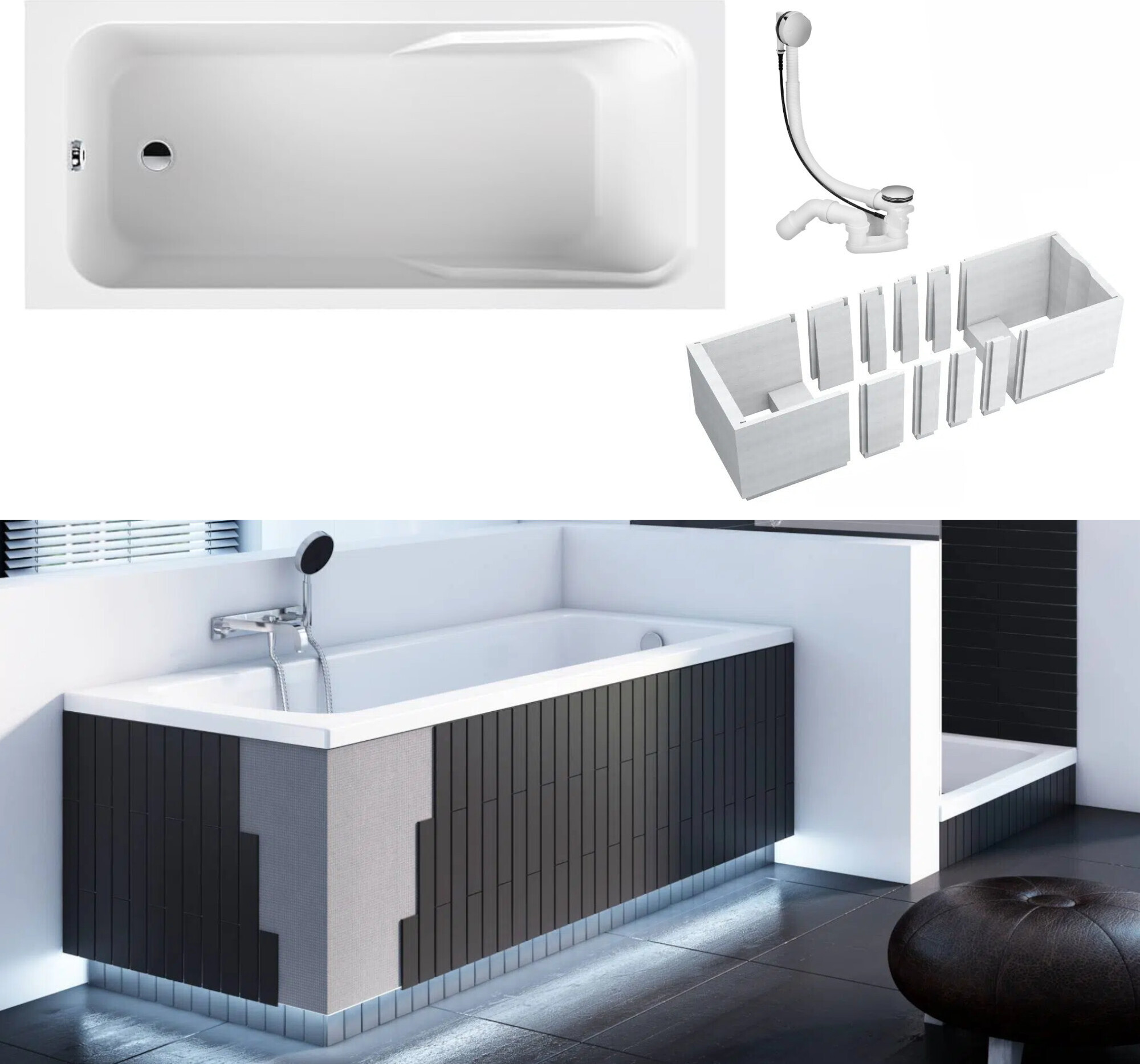 VBChome Badewanne 170 x 75 cm Weiß Acryl Wannenträger Platz für LED-Beleuchtung Styroporträger Siphon Wanne Rechteck Modern Ablaufgarnitur in Chrom