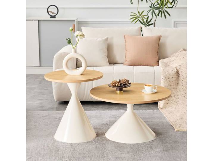 Table basse (lot de 2) - WESTYLE - Sanduhr-Serie - Plateau mélamine aspect bois - Pied métal crème - Empilable