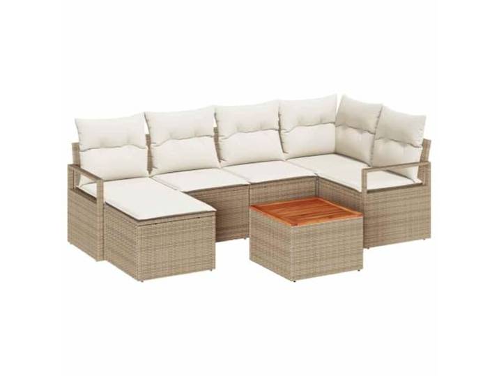 PUGYNBK Sofa-Set für den Garten, 7-teilig, Beige, Polyrattan, Modular Stahlrahmen, Akazienholz, Eckregal, Fußhocker, Außentisch