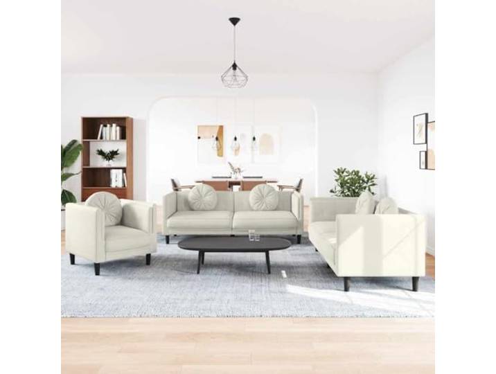 HEFZGDB 3-TLG. Sofagarnitur mit Kissen Creme Samt, Weiche Polsterung und Stabile Konstruktion für Wohnzimmer, Bequemes Sitzerlebnis mit Praktischen Runden Kissen, Modernes Design