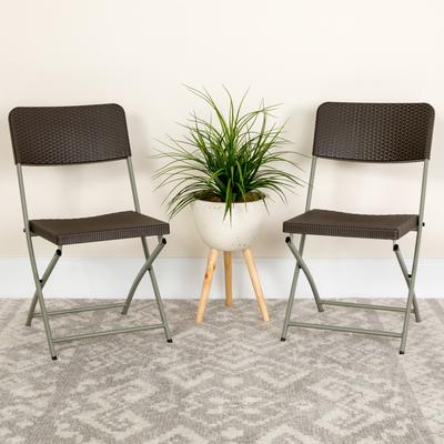 Flash Furniture 2 Pack Brown Faux Rattan Plastic Folding Chair with Gray Frame - Event Chair
