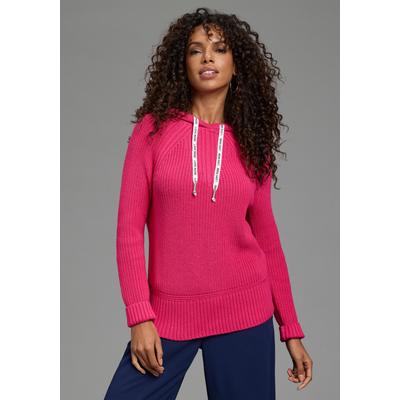Strickpullover LAURA SCOTT "mit Kapuze und Bänder mit Schrifzug", Damen, Gr. 44/46, pink, Strick, Obermaterial: 50% Baumwolle, 50% Polyacryl, unifarben, figurumspielend hüftlang, Raglanärmel Rippbündchen, Pullover Strickpullover, mit lässiger Passform
