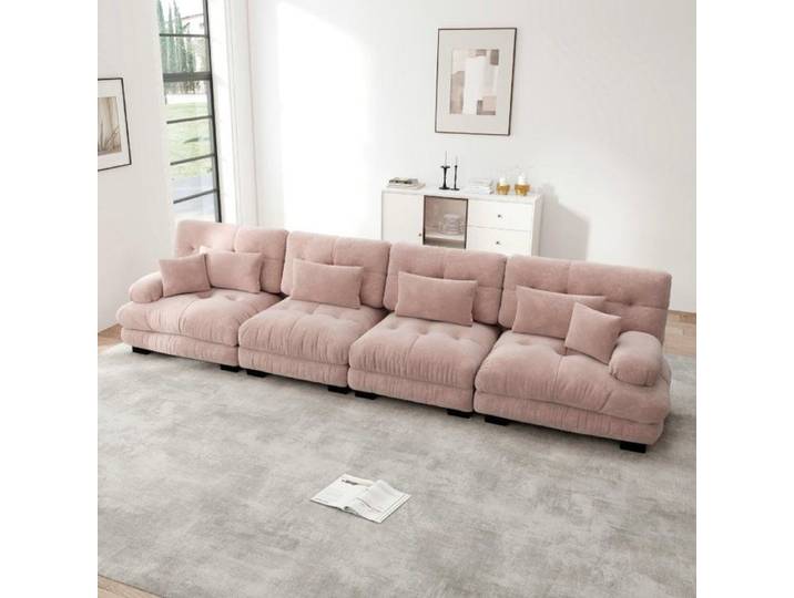 Canapé d'angle modulable - LANGTU - 4 places - Assise profonde - Chenille vintage rose - Convertible canapé‑lit