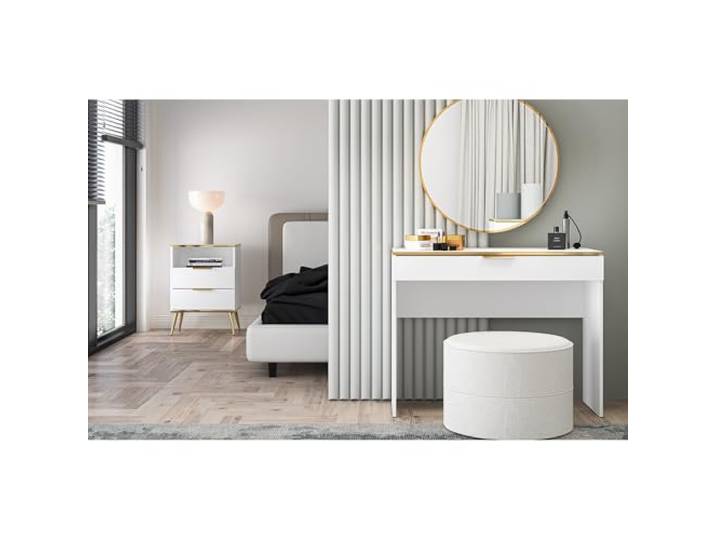 Lomadox Schlafzimmermöbel Set 2-teilig in weiß mit goldfarbenen Details Schminktisch Nachtschrank modern Schlafzimmer