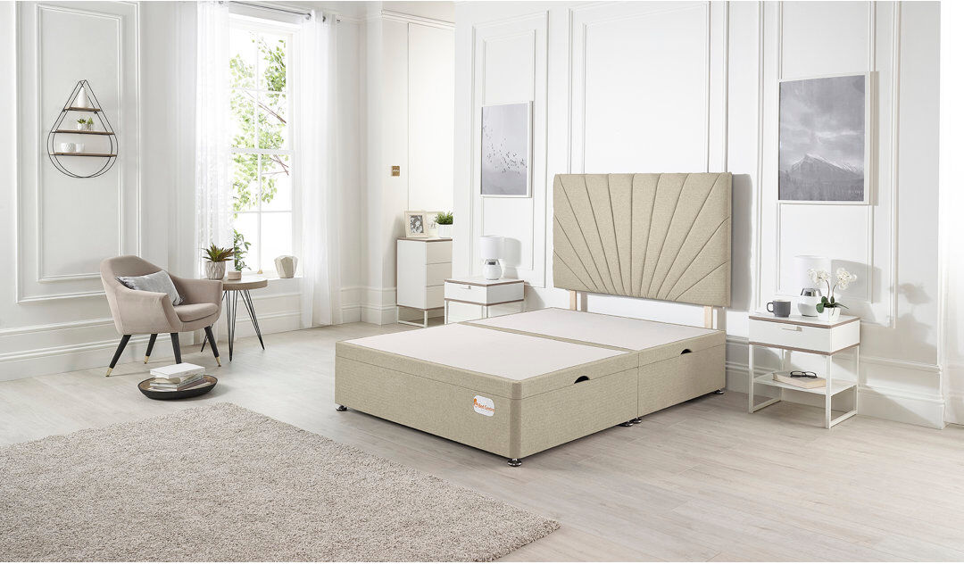 Marlow Home Co. Etheral Side Opening Ottoman Storage Bed with Upholstered Headboard Tweed Fabric Natural Kingsize (5')