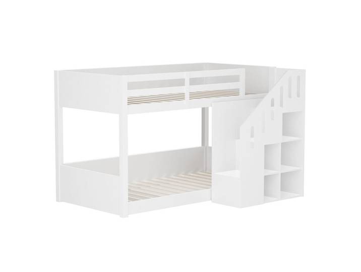 Modfu Etagenbett aus Massivholz 90x200 cm in Weiß mit Stauraumtreppe & Geländer, Holz, 90x200 cm, Babymöbel & Kindermöbel, Kinderzimmer & Jugendzimmer, Stockbetten