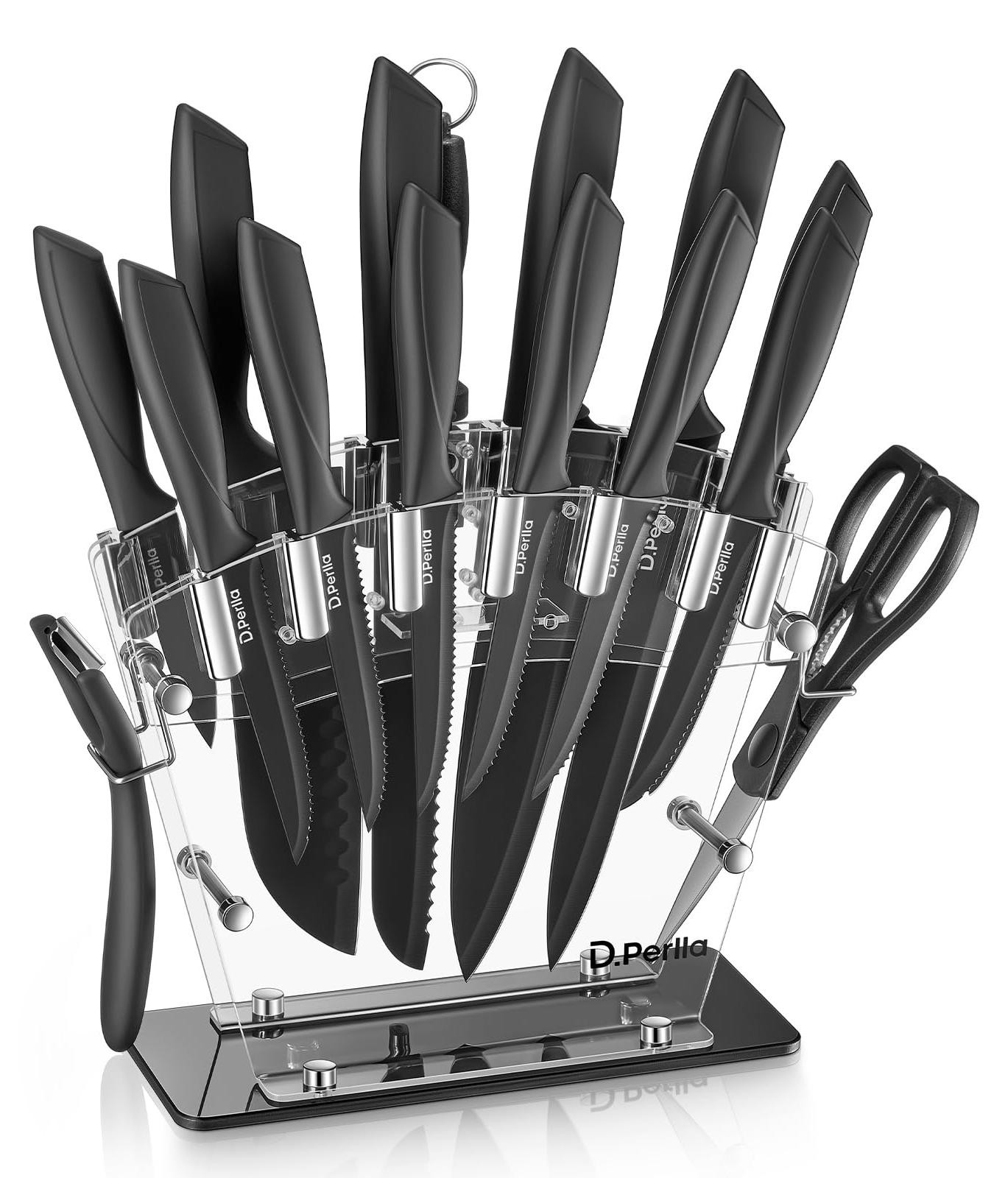 Dripio 16-delige messen set met acryl blok, zwart
