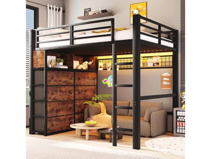 BTM Metall Hochbett 140x200 mit Modulares Schubladen Stauraum Hochbett Jugendliche mit LED, Regalen und Lochwand, Schwarz