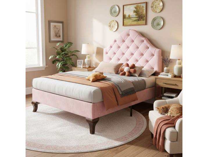 URTR Lit rembourré 90x200cm - Rangement sous lit - Tête de lit réglable - Pied de soutien central - Sommier lattes - Velours - Rose