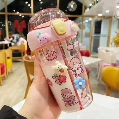 Uplift Picks Kids Water Bottle With Double Straw Leak Proof Cute Plastic Bottle 430ml pink