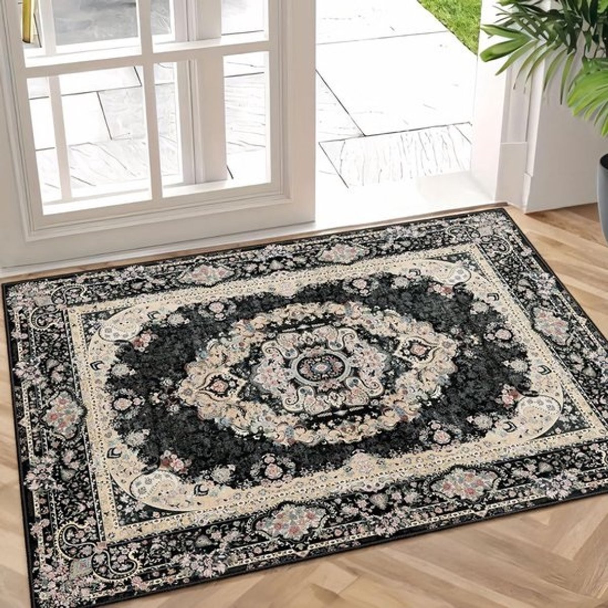 Wasbaar vloerkleed met floral boho design en antislip voor badkamer, keuken of entree