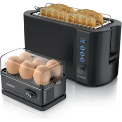 Arendo Frühstücks Set, 4 Scheiben Langschlitz Toaster mit Brötchenaufsatz & Eierkocher für 6 Eier, Schwarz, Toaster, Grau