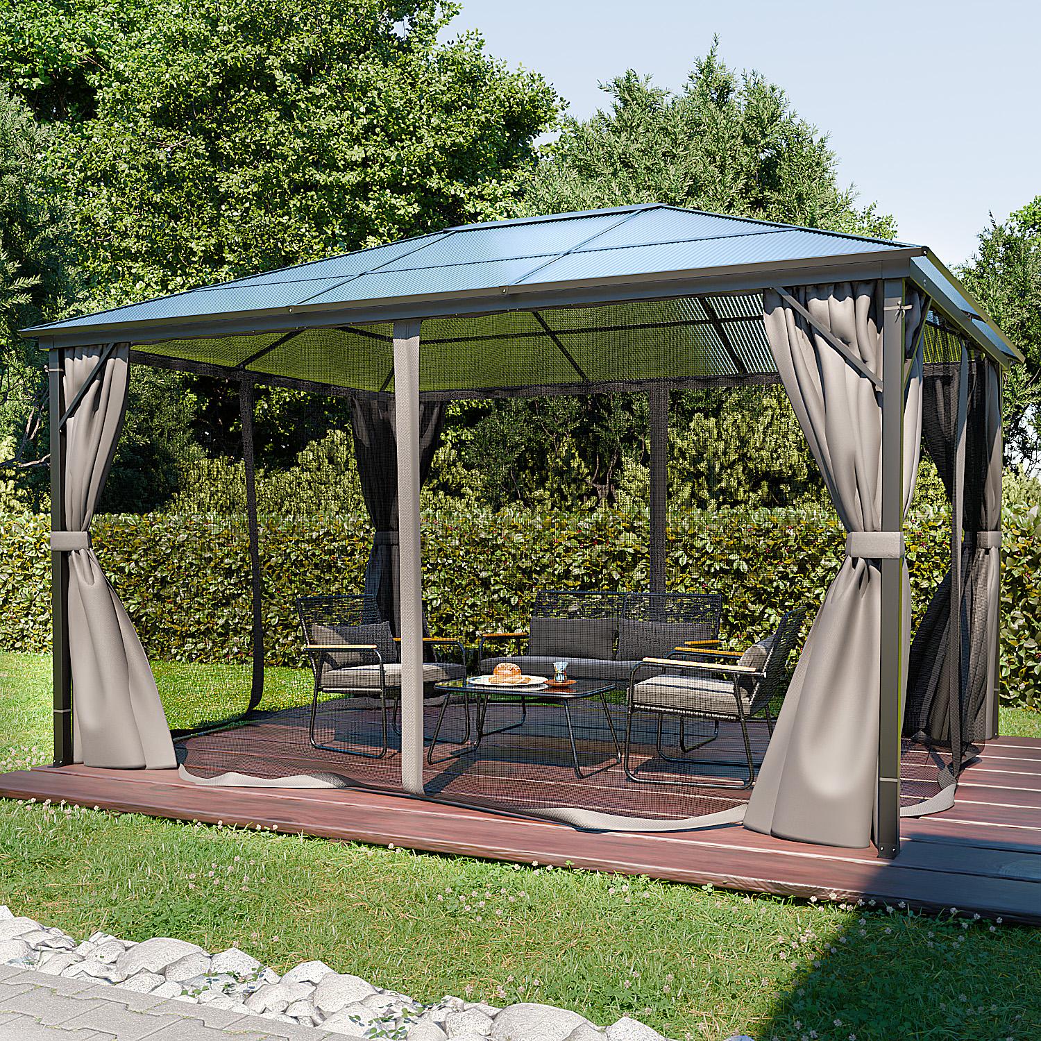 GARMIO Pavillon 3x4m Garten Überdachung mit Polycarbonat - Dach & Moskitonetz, Seitenteile wasserdicht in anthrazit, mit Metallgestell & Aluminiumrahmen, für Outdoor