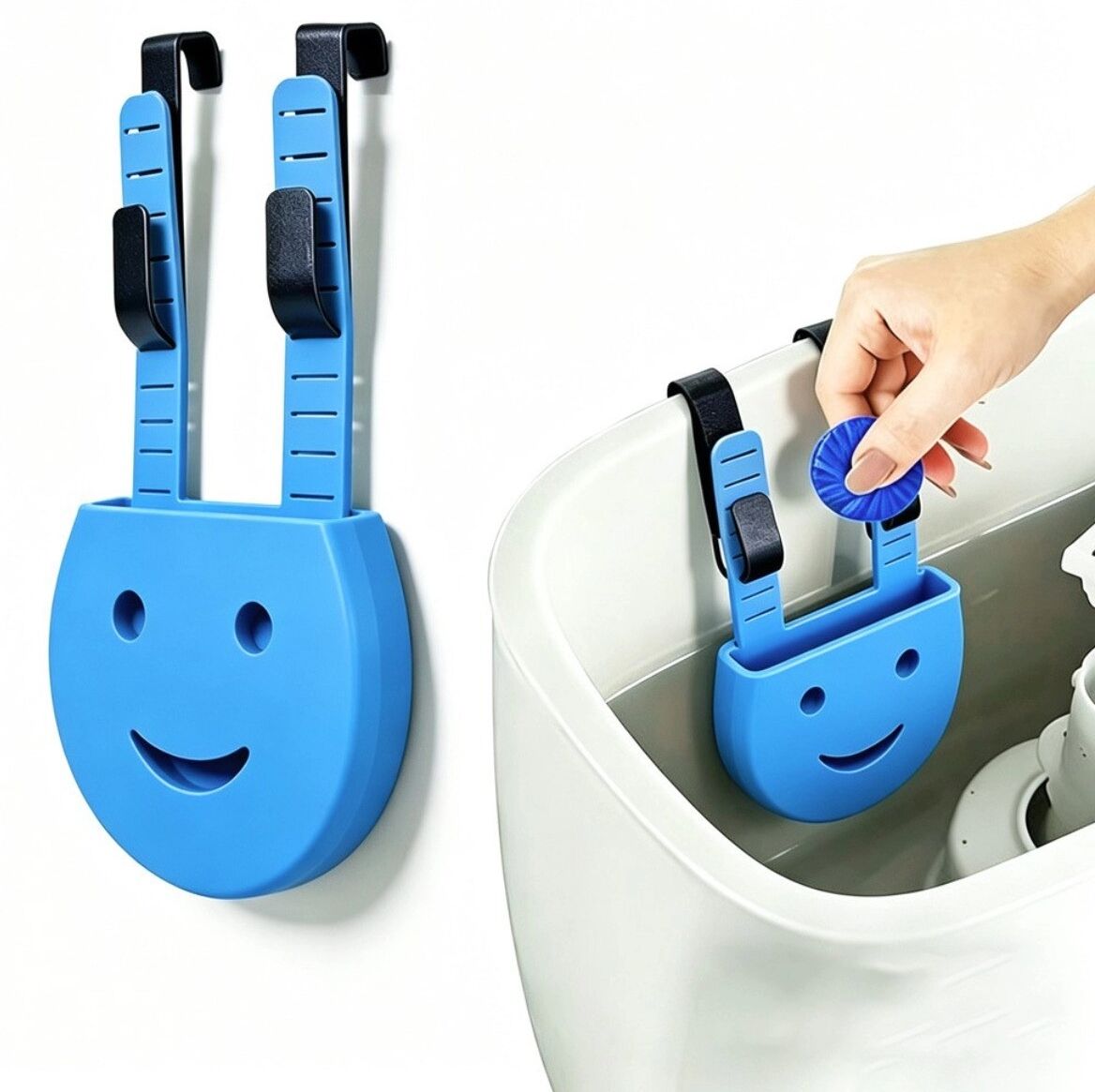 INF Verstellbarer hängender Silikon-Tablettenhalter für Toilettenspülkasten mit Haken, Smiley-Design, weiches Silikon, sicherer Blau
